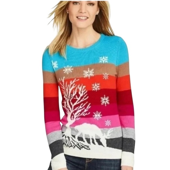 Talbots Colorful Striped Sweater with Winter Scene - Picture 1 of 6